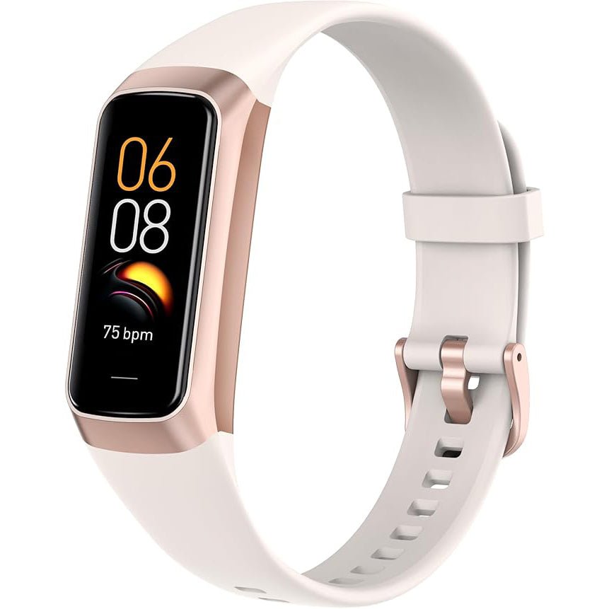 Blush pink C60 fitness band with rose gold case displaying 06:08 and 75 bpm on white