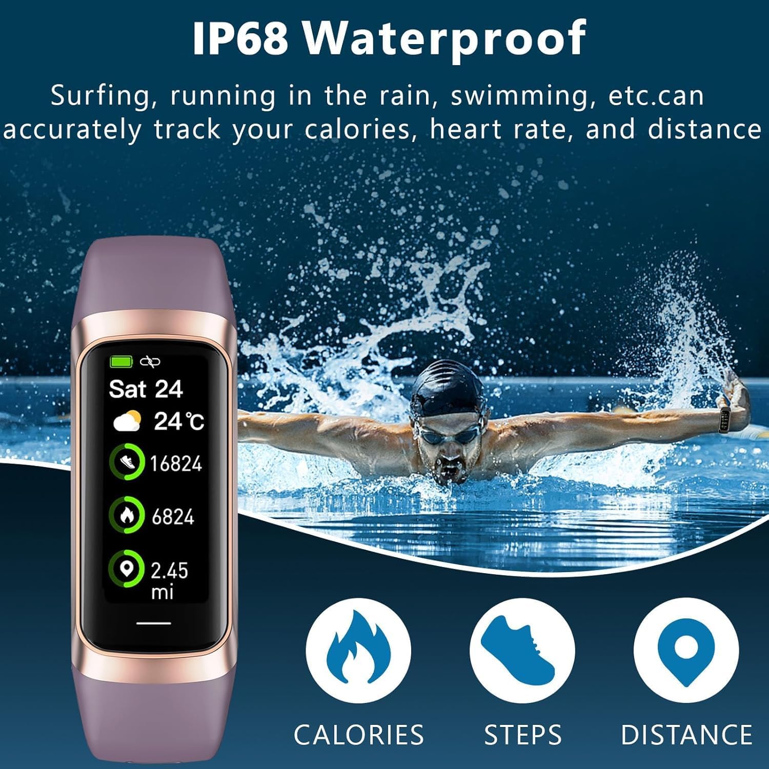 Purple C60 band beside swimmer and IP68 waterproof activity tracking graphic