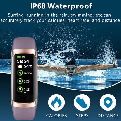 Purple C60 band beside swimmer and IP68 waterproof activity tracking graphic