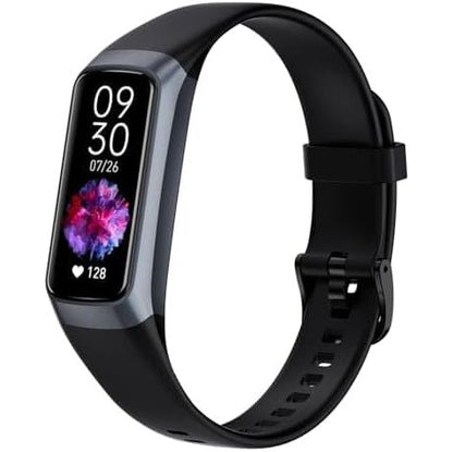 Black C60 fitness band with dark metal case and floral watch face on white