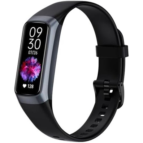 Black C60 fitness band with dark metal case and floral watch face on white