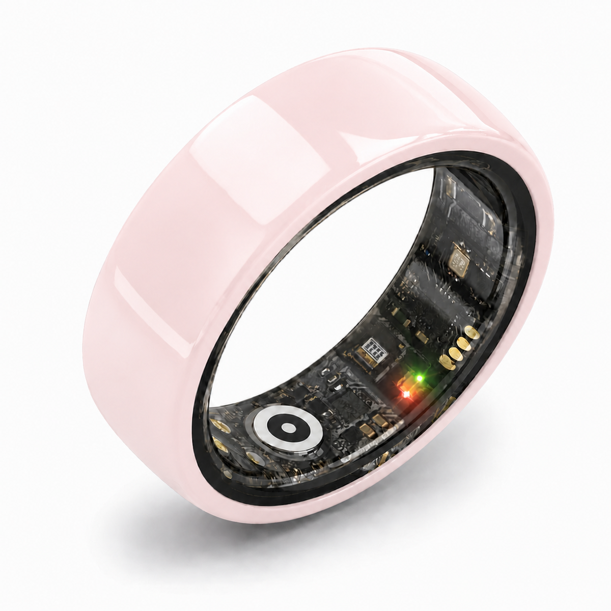 Pink ceramic smart ring with visible health sensors and electronics #color_ceramics-pink