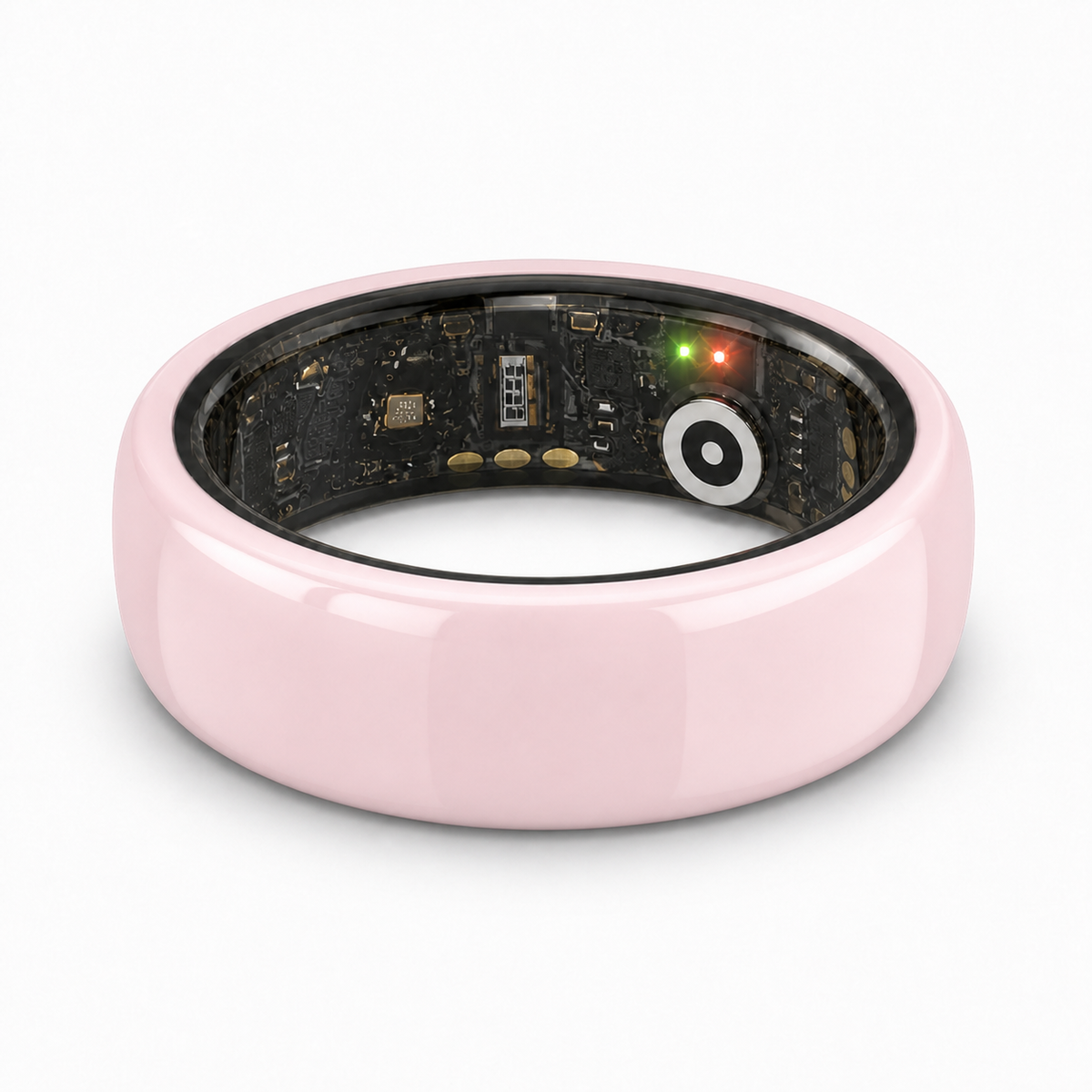 Pink ceramic smart ring flat product view with visible health sensors and electronics #color_ceramics-pink
