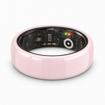 Pink ceramic smart ring flat product view with visible health sensors and electronics #color_ceramics-pink