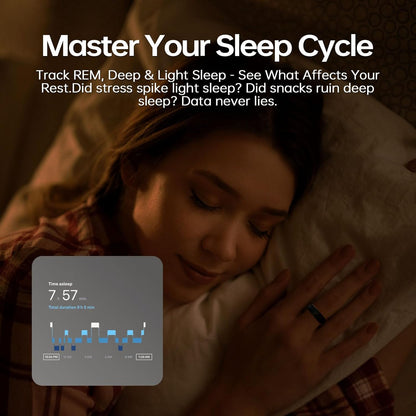 Sleeping woman wearing black ceramic smart ring beside REM, deep, and light sleep graph