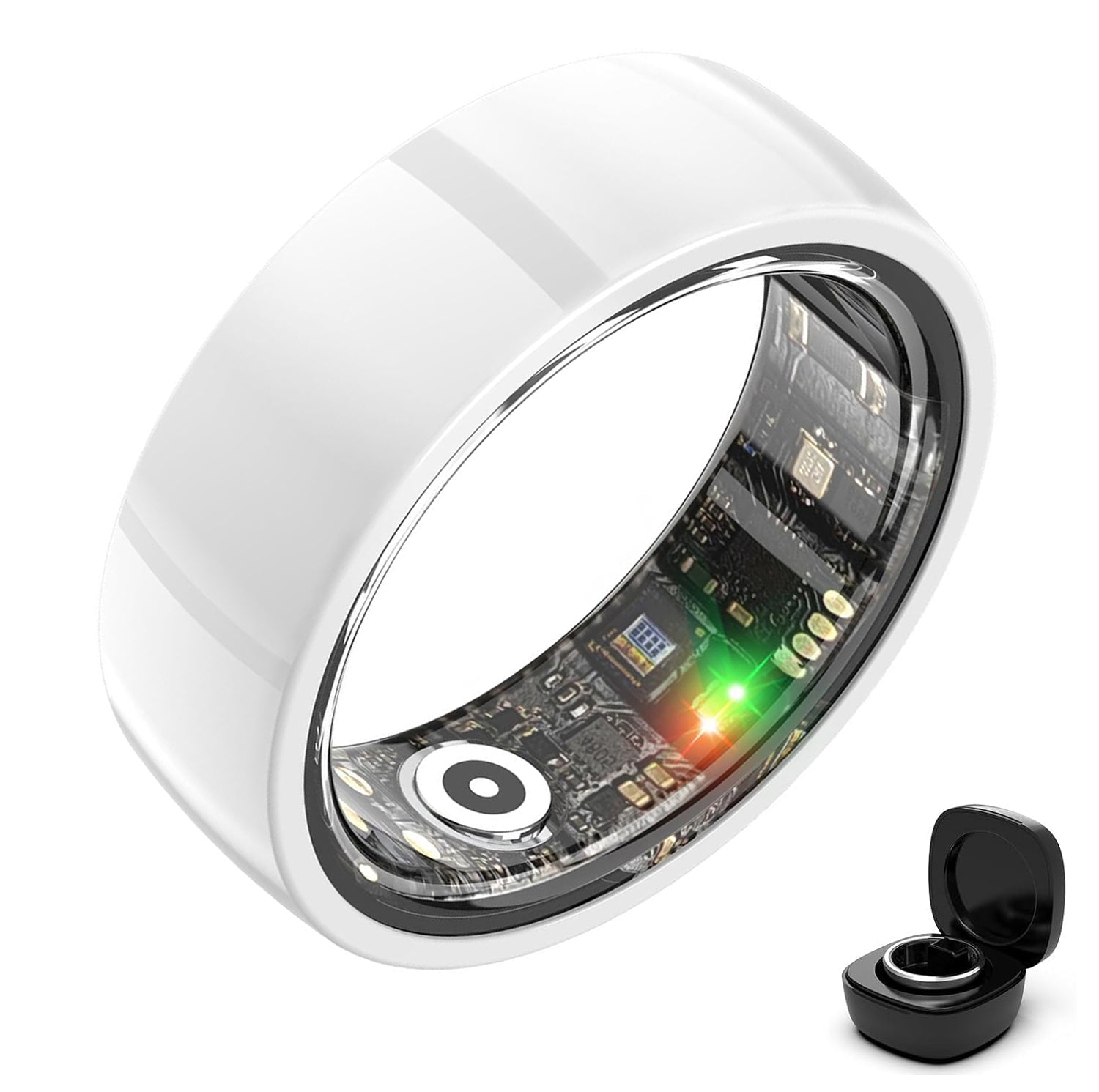 White ceramic smart ring with transparent sensor lining and black charging case on white