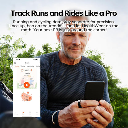 Man outdoors wearing black ceramic smart ring while viewing running and cycling app screen
