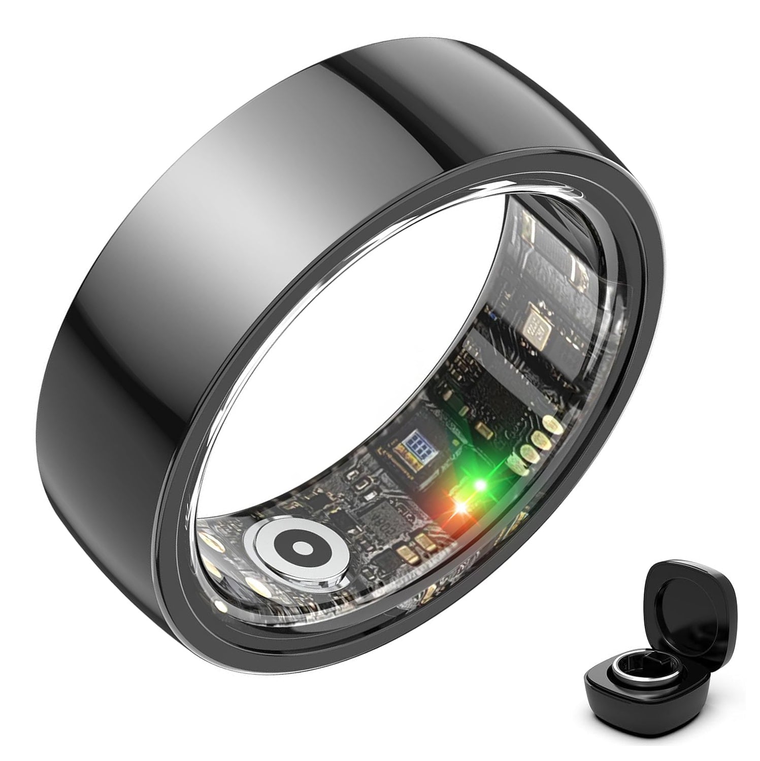 Black ceramic smart ring with transparent sensor lining and black charging case on white