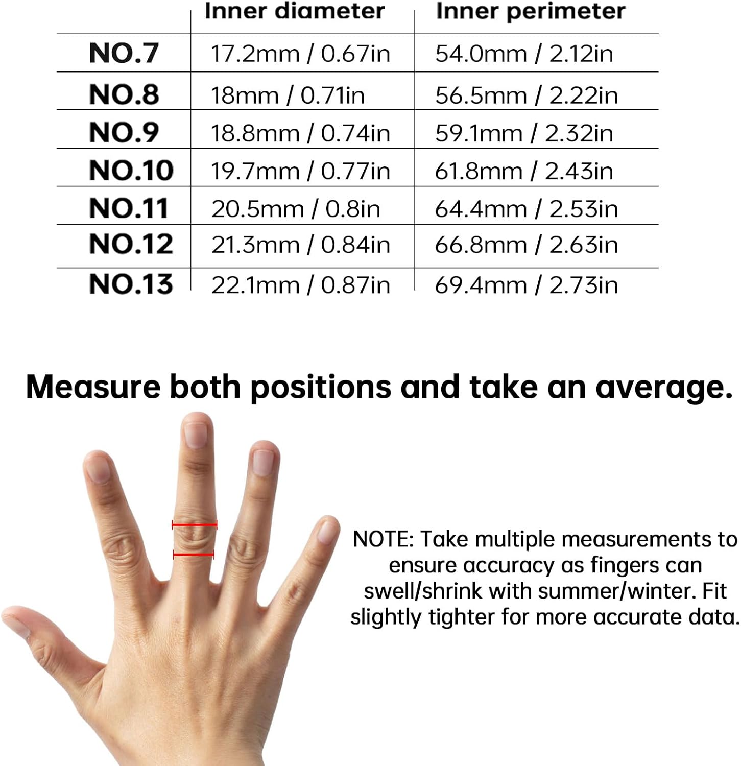 Smart ring size chart for sizes 7 through 13 with finger measurement instructions