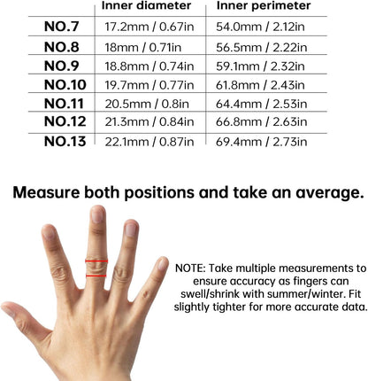 Smart ring size chart for sizes 7 through 13 with finger measurement instructions