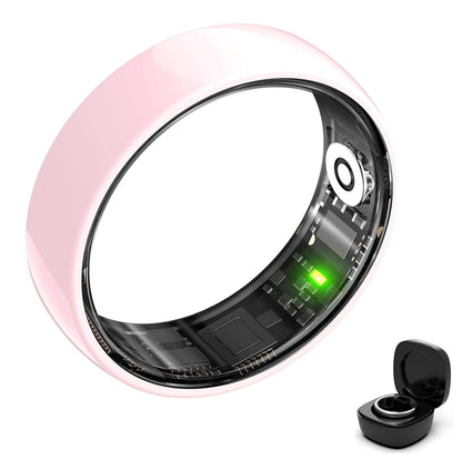 Pink ceramic smart ring with transparent sensor lining and black charging case on white