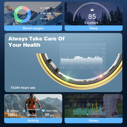 Circular smart ring health dashboard showing blood oxygen, sleep, heart rate, activity, and stress