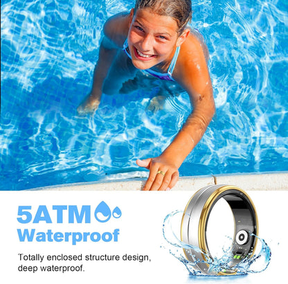 Swimmer wearing gold ring with 5ATM waterproof circular smart ring graphic