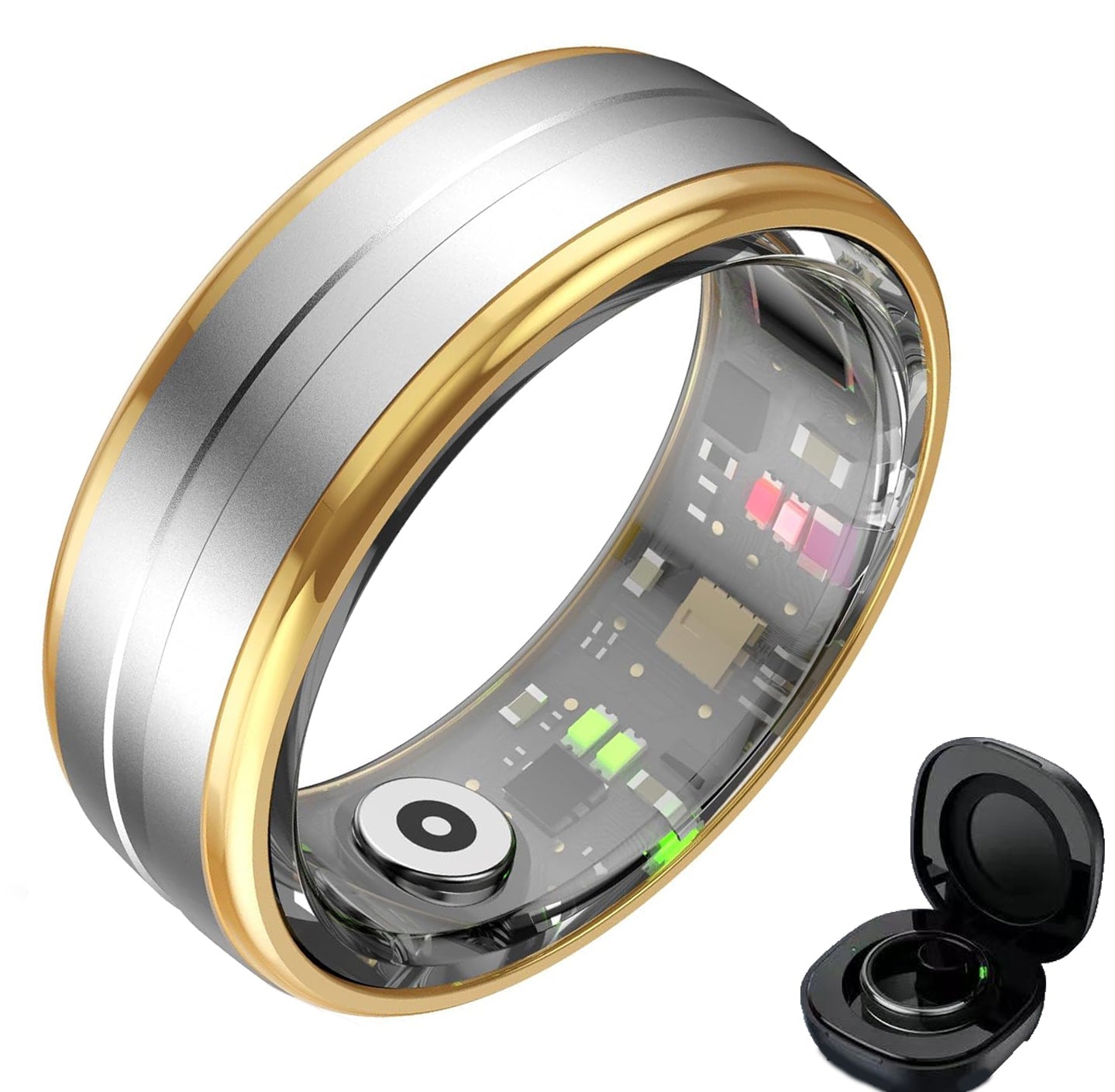 Two-tone silver and gold circular smart ring with transparent sensor lining and charging case
