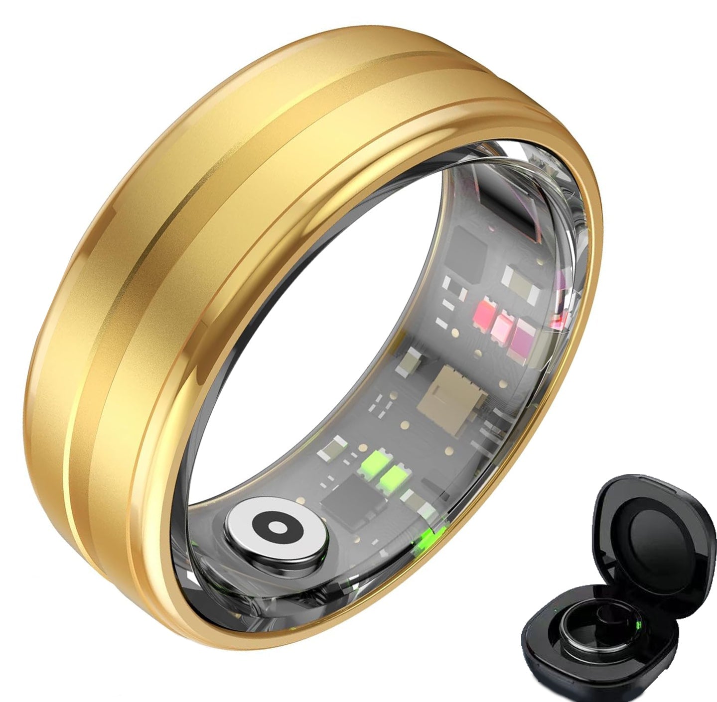 Gold circular smart ring with transparent sensor lining and black charging case on white