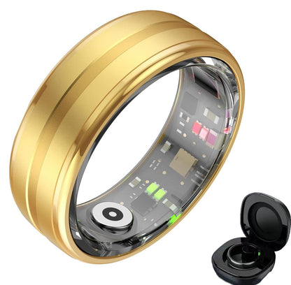 Gold circular smart ring with transparent sensor lining and black charging case on white