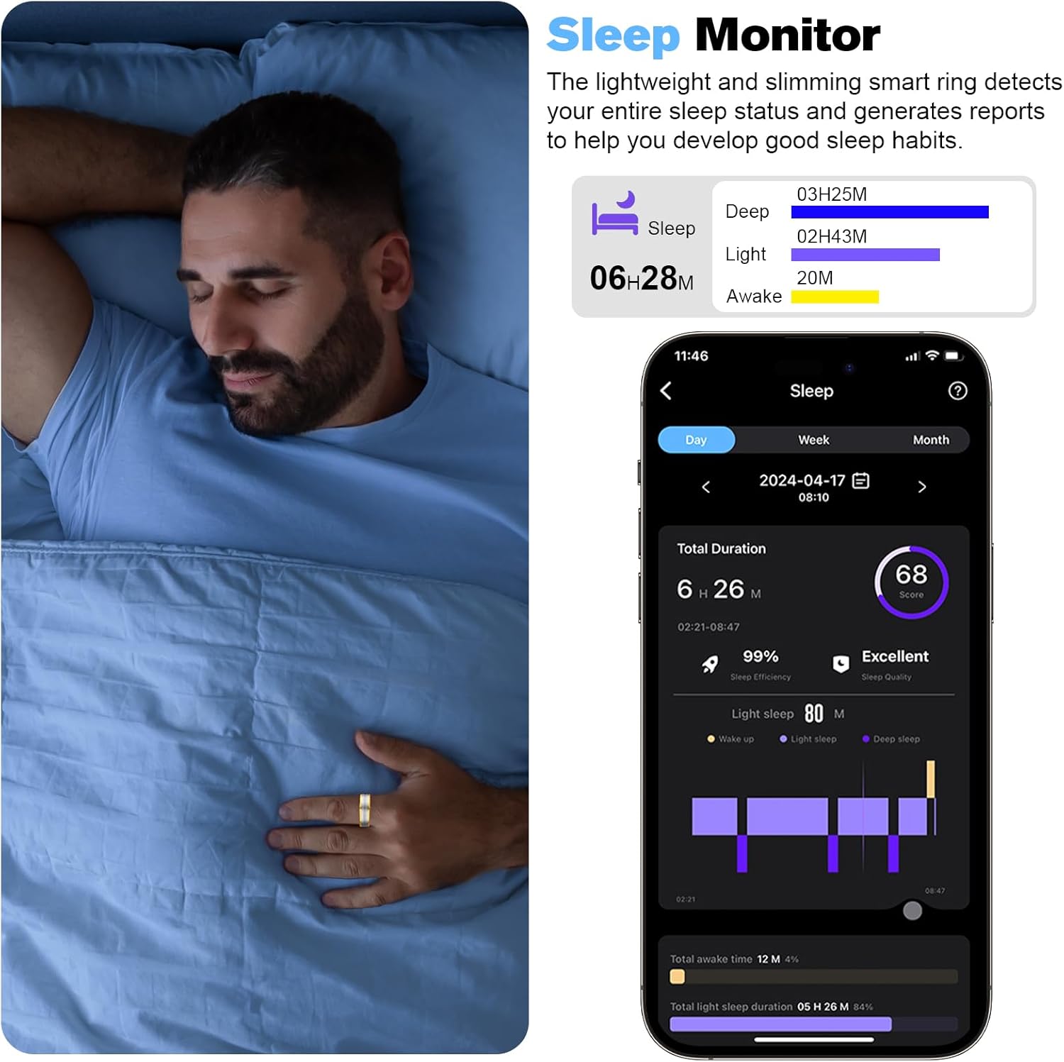 Man sleeping wearing gold and silver circular smart ring beside deep and light sleep report