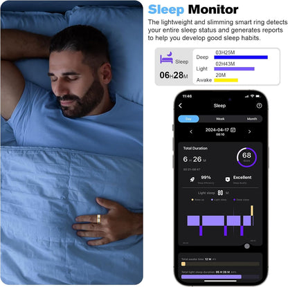 Man sleeping wearing gold and silver circular smart ring beside deep and light sleep report