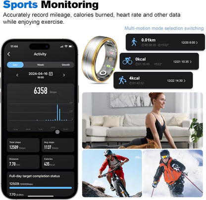 Circular smart ring beside activity app and running, cycling, yoga, mountain biking, and skiing scenes