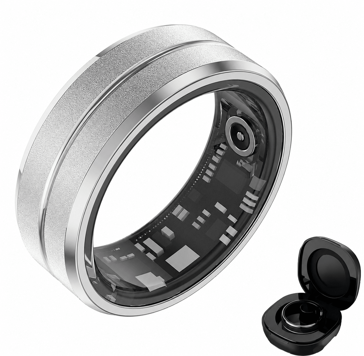 Textured silver circular smart ring with transparent sensor lining and black charging case