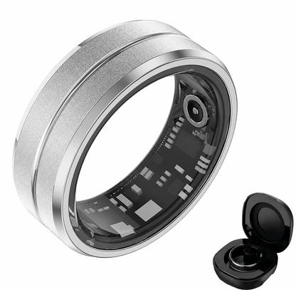 Textured silver circular smart ring with transparent sensor lining and black charging case
