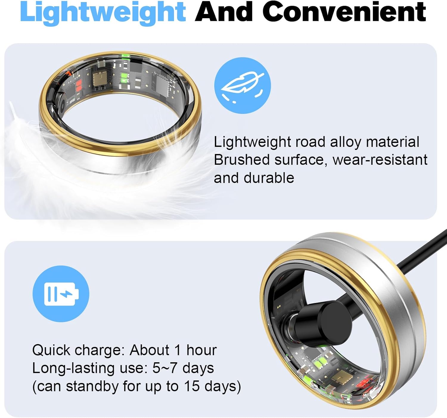 Gold and silver circular smart ring with lightweight alloy and one-hour charging graphics