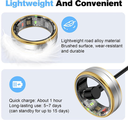 Gold and silver circular smart ring with lightweight alloy and one-hour charging graphics