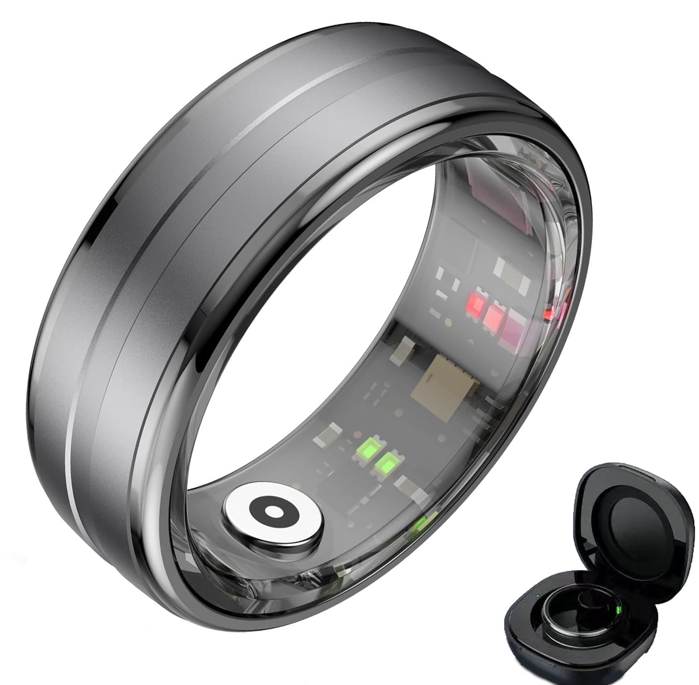 Dark gray circular smart ring with transparent sensor lining and black charging case on white