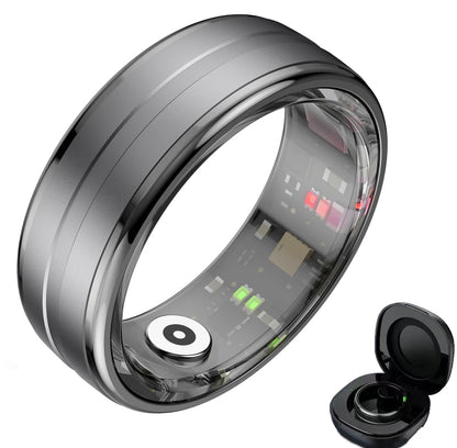 Dark gray circular smart ring with transparent sensor lining and black charging case on white