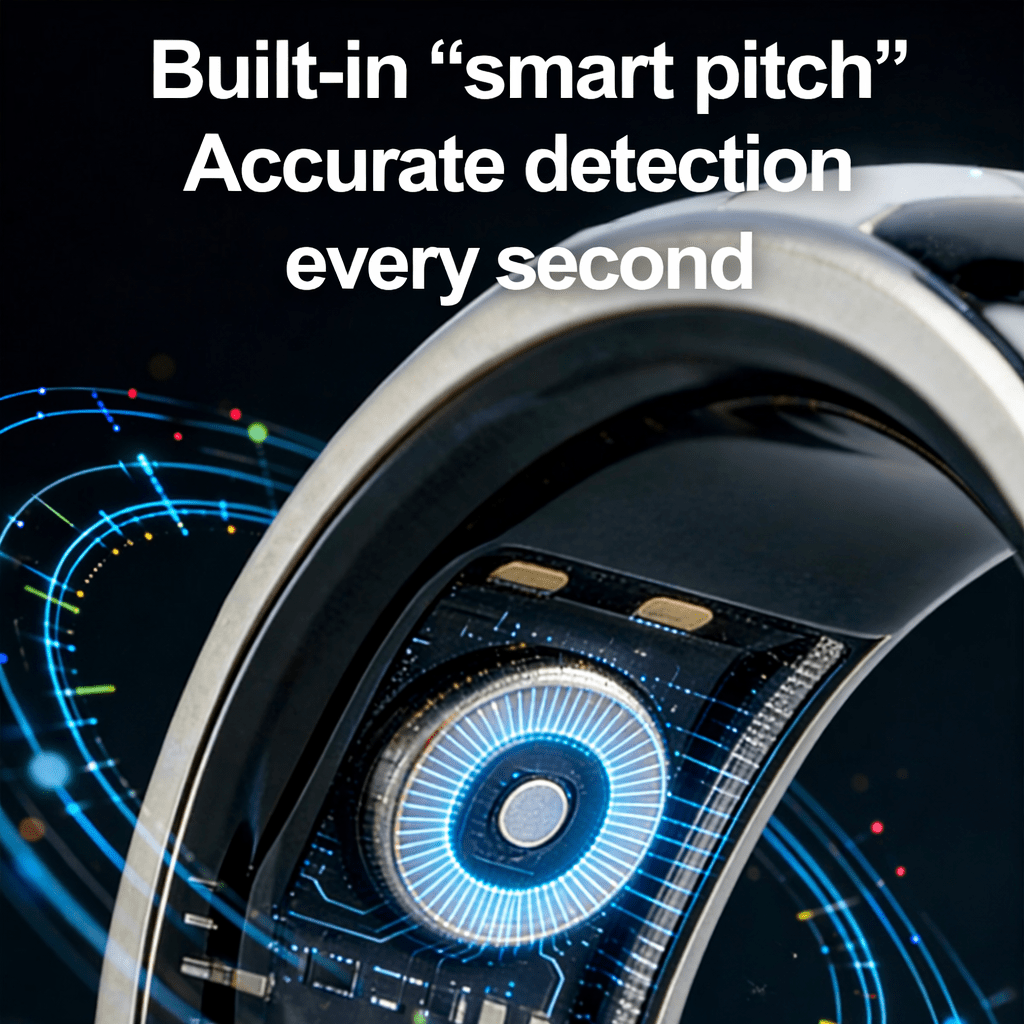 Close-up of the ring's inner optical sensor with blue graphics and smart pitch detection text