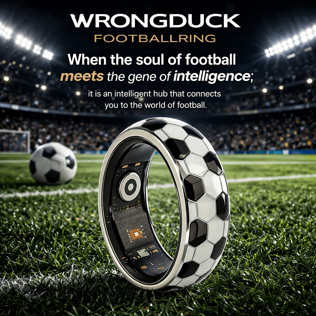 Football smart ring standing on stadium grass beside a soccer ball under bright floodlights