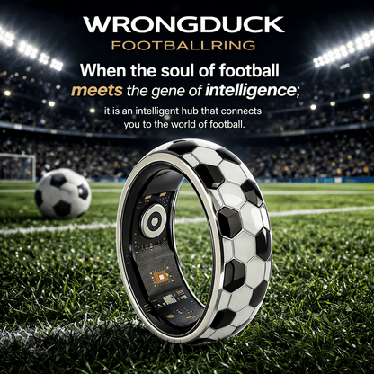 Football smart ring standing on stadium grass beside a soccer ball under bright floodlights
