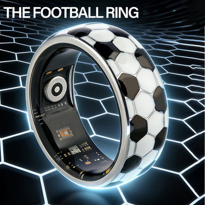 Football smart ring on a glowing blue hexagonal grid with visible inner circuitry