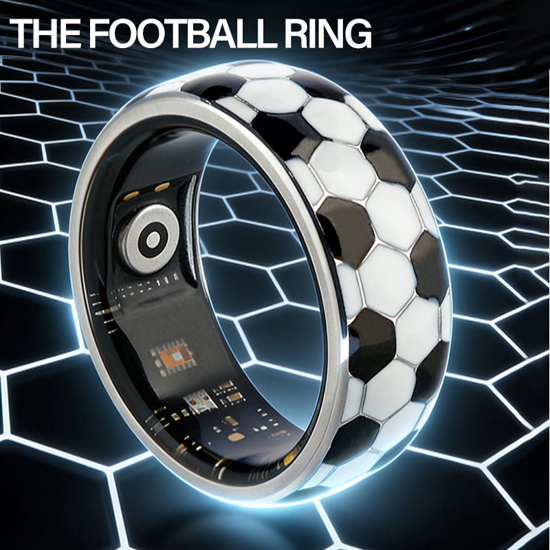 Football smart ring on a glowing blue hexagonal grid with visible inner circuitry