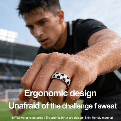 Athlete wearing a football smart ring on a wet hand with 5 ATM water resistance text
