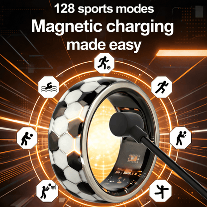 Football smart ring on a magnetic charger surrounded by 128 sports mode icons