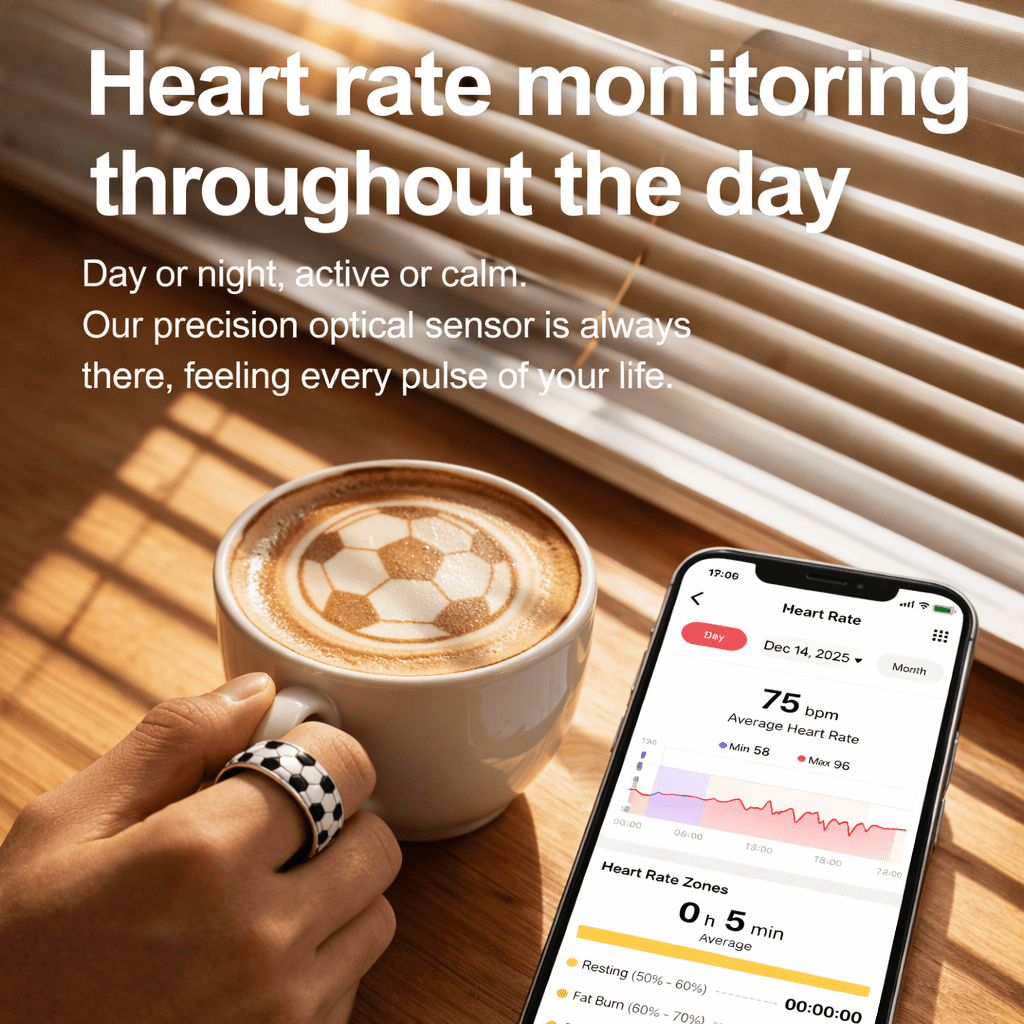 Hand wearing a football smart ring beside coffee and a phone showing 75 bpm heart rate