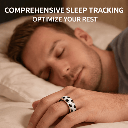 Man sleeping while wearing a football smart ring with comprehensive sleep tracking text