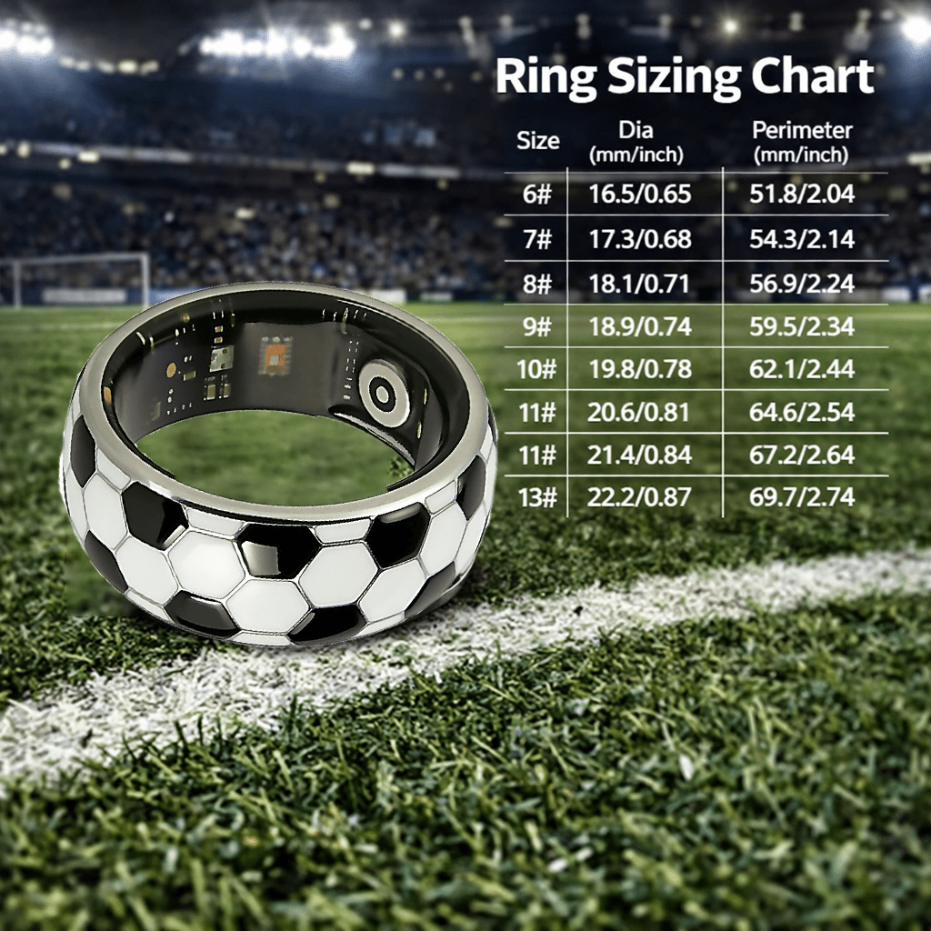 Football smart ring on stadium grass beside a sizing chart for sizes 6–13
