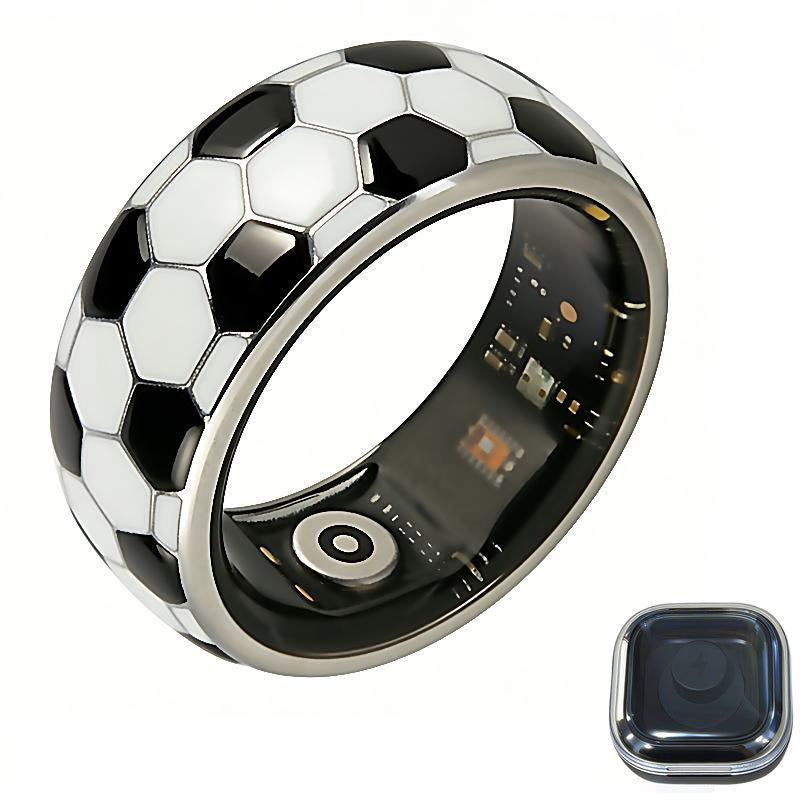 Football-pattern smart ring with black inner sensors and a dark square charging case on white