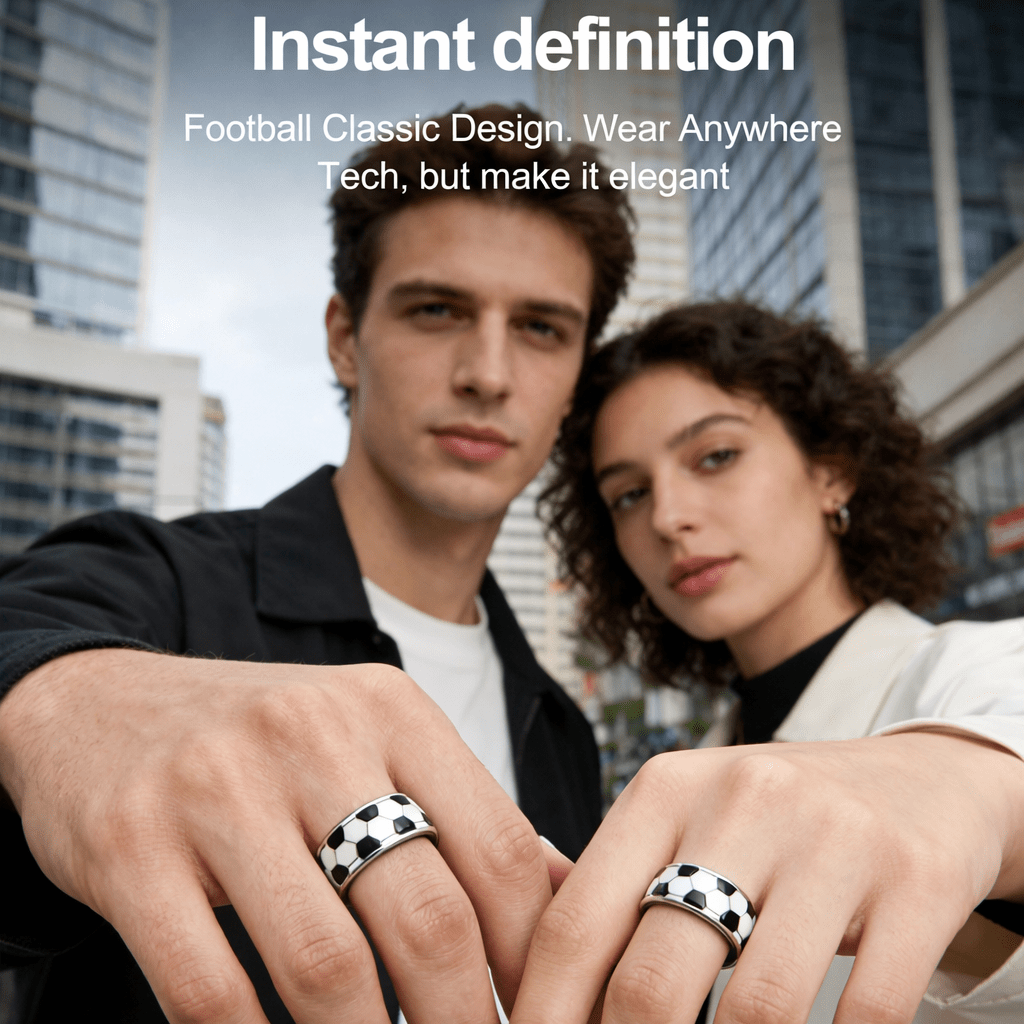 Man and woman wearing matching football smart rings in an outdoor city setting