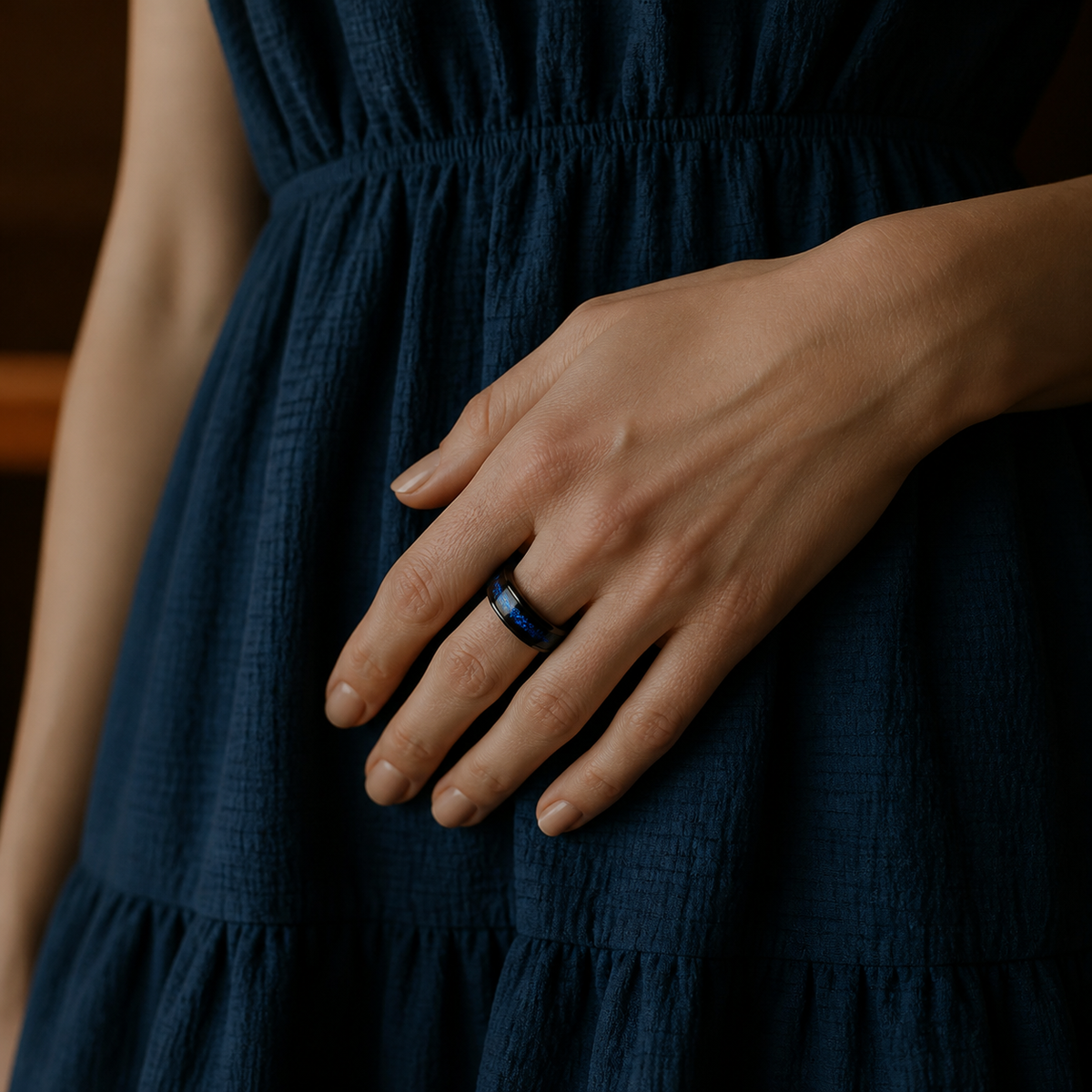 Woman wearing the Wrongduck Galaxy smart ring with a deep blue dress#color_galaxy