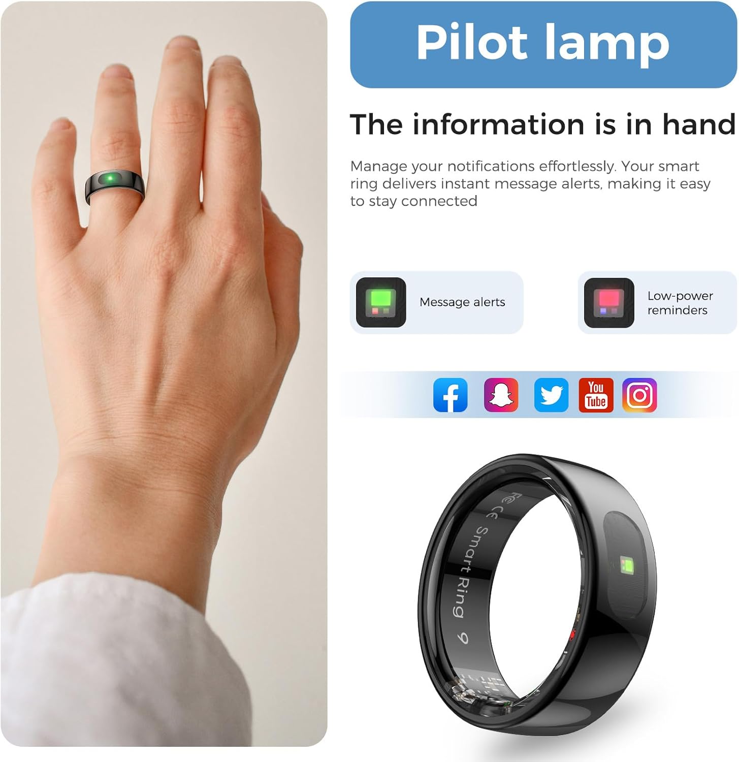 Hand wearing black gesture control ring with green message alert and low-power indicator guide