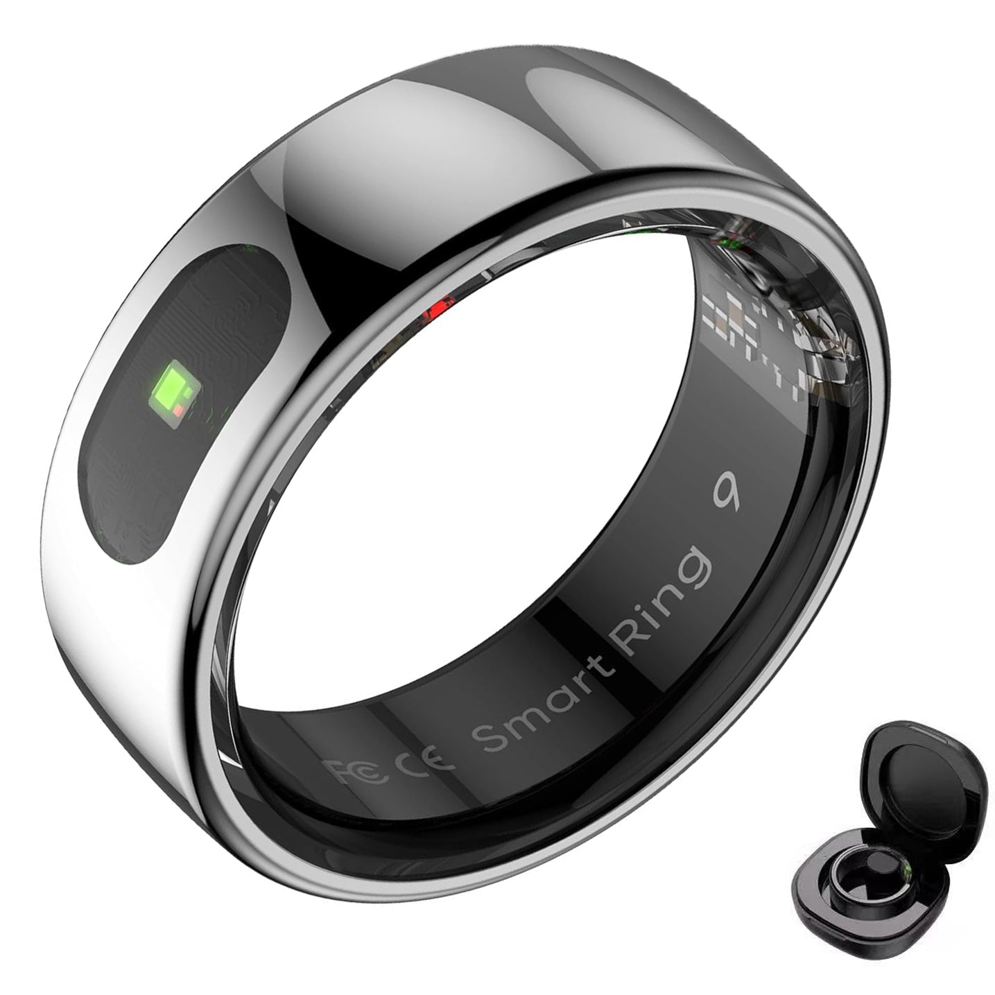 Silver gesture control smart ring with green indicator light and black charging case on white
