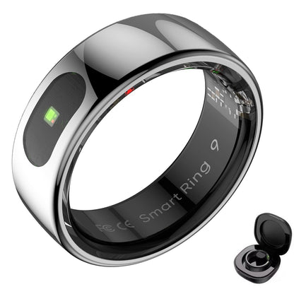 Silver gesture control smart ring with green indicator light and black charging case on white