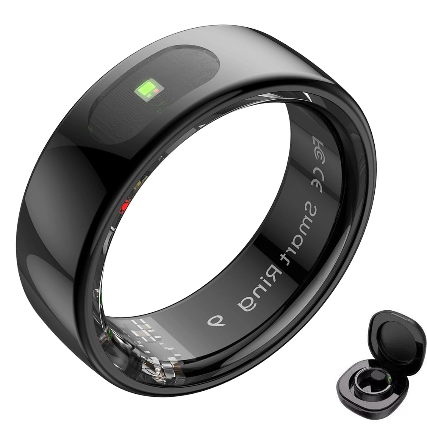 Black gesture control smart ring with green indicator light and black charging case on white