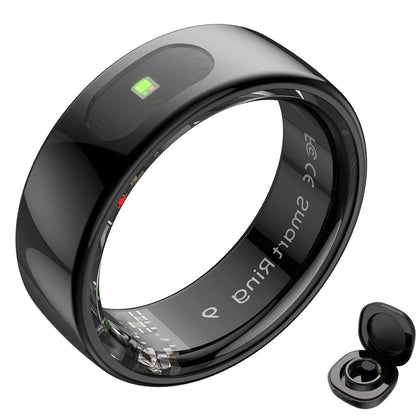 Black gesture control smart ring with green indicator light and black charging case on white