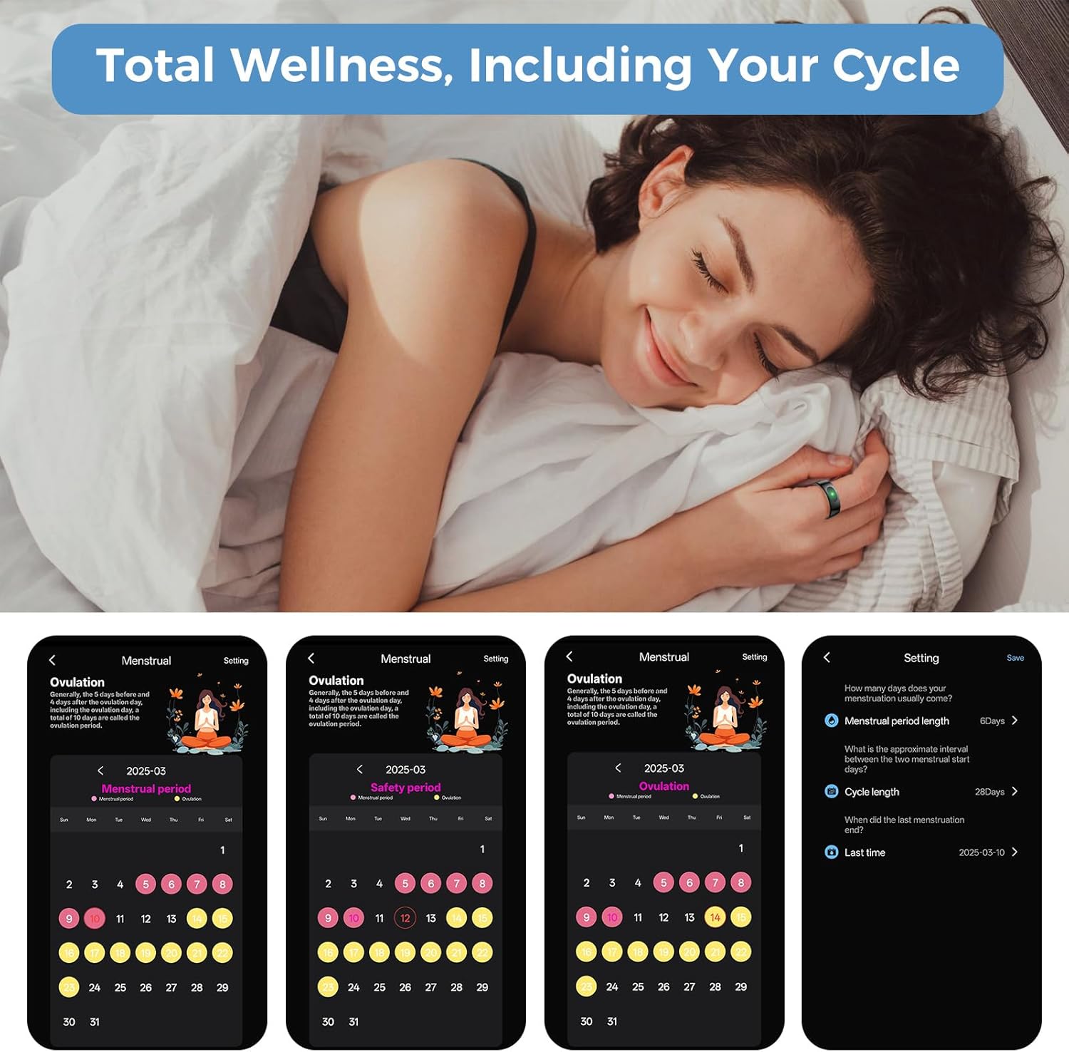 Woman sleeping with black smart ring above menstrual cycle tracking app screens