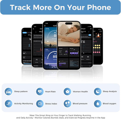 Smart ring health app screens for sleep, heart rate, activity, stress, blood pressure, and oxygen