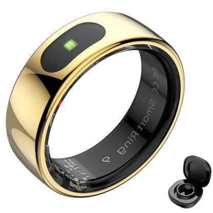 Gold gesture control smart ring with green indicator light and black charging case on white